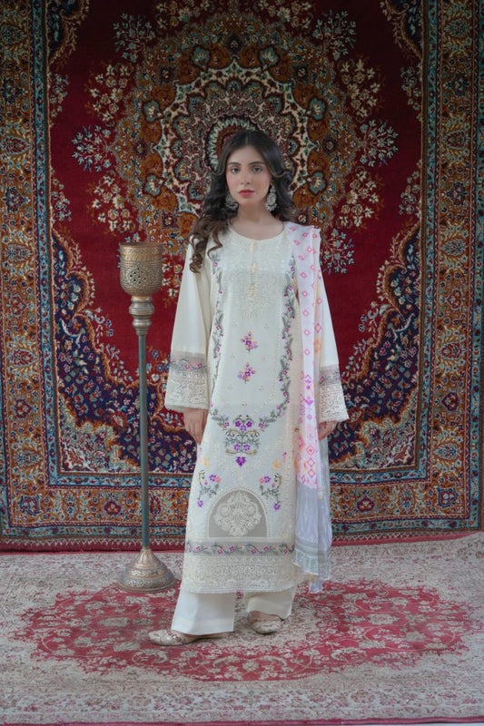 3 Piece Embroidered Lawn Suit with Printed Silk Chiffon Dupatta