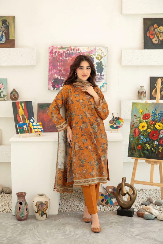 Anaya | Earthy Brown Embroidered 3pc Printed Lawn Suit - sitarastyle.com
