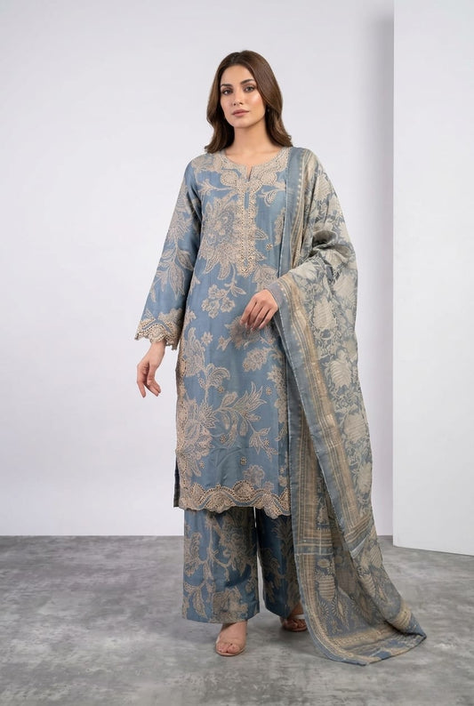 Aria | Dusty Blue 3pc Printed Lawn Suit - sitarastyle.com