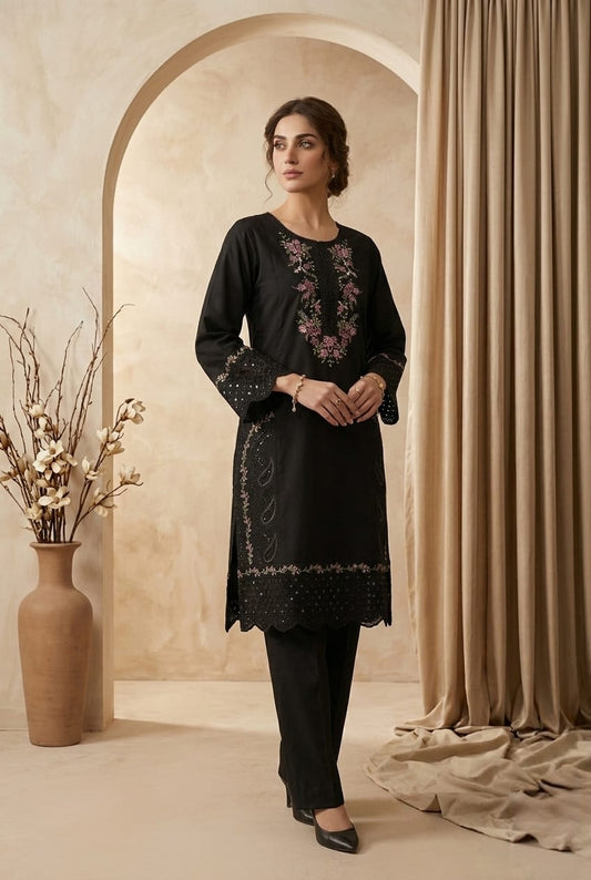 Classic Black 2pc Embroidered Lawn Suit | Thread Work Kurta - sitarastyle.com