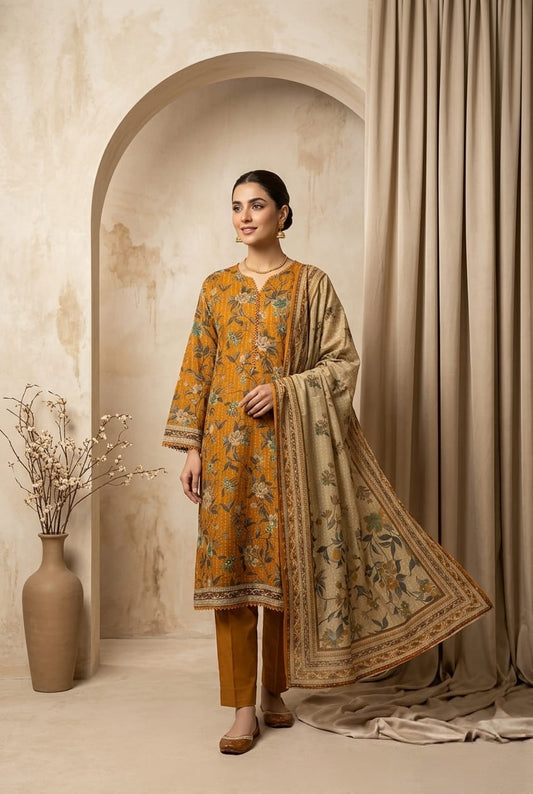 Earthy Brown Embroidered 3 - Piece Printed Lawn Suit - sitarastyle.com