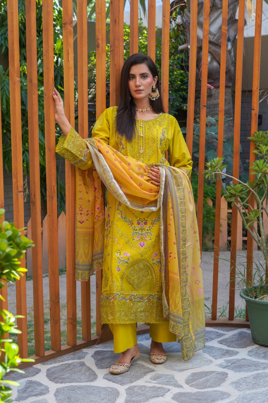 Olive Lime Embroidered Lawn Suit – 3 Piece - sitarastyle.com