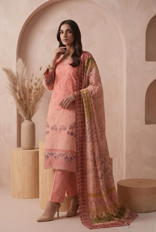 Peach Embroidered 3 - Piece Suit with Printed Chiffon Dupatta - sitarastyle.com