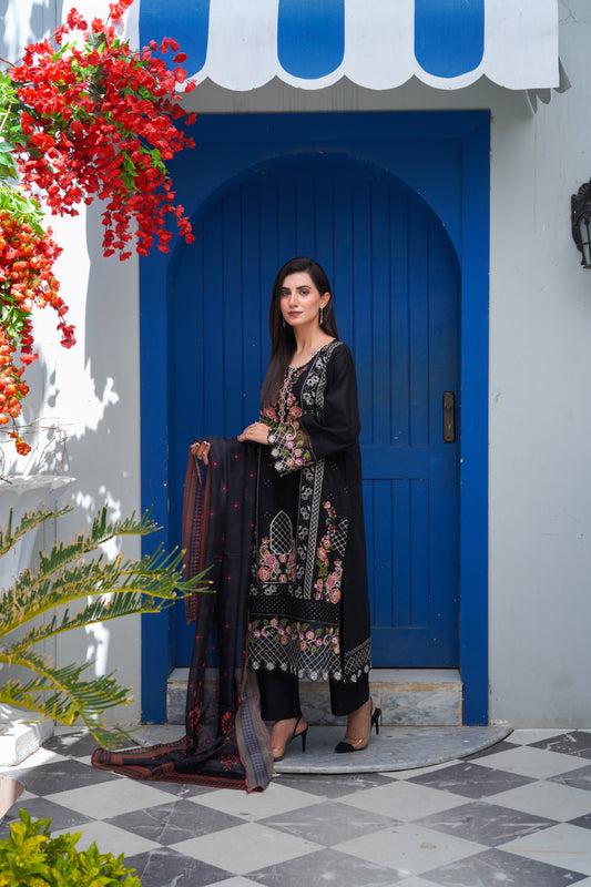 Black Chikankari Embroidered 3pc Suit with Printed Chiffon Dupatta