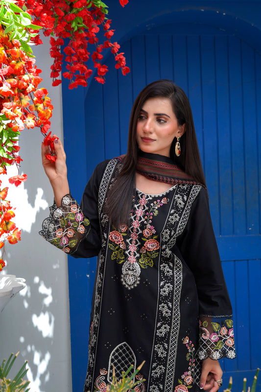 Black Chikankari Embroidered 3pc Suit with Printed Chiffon Dupatta