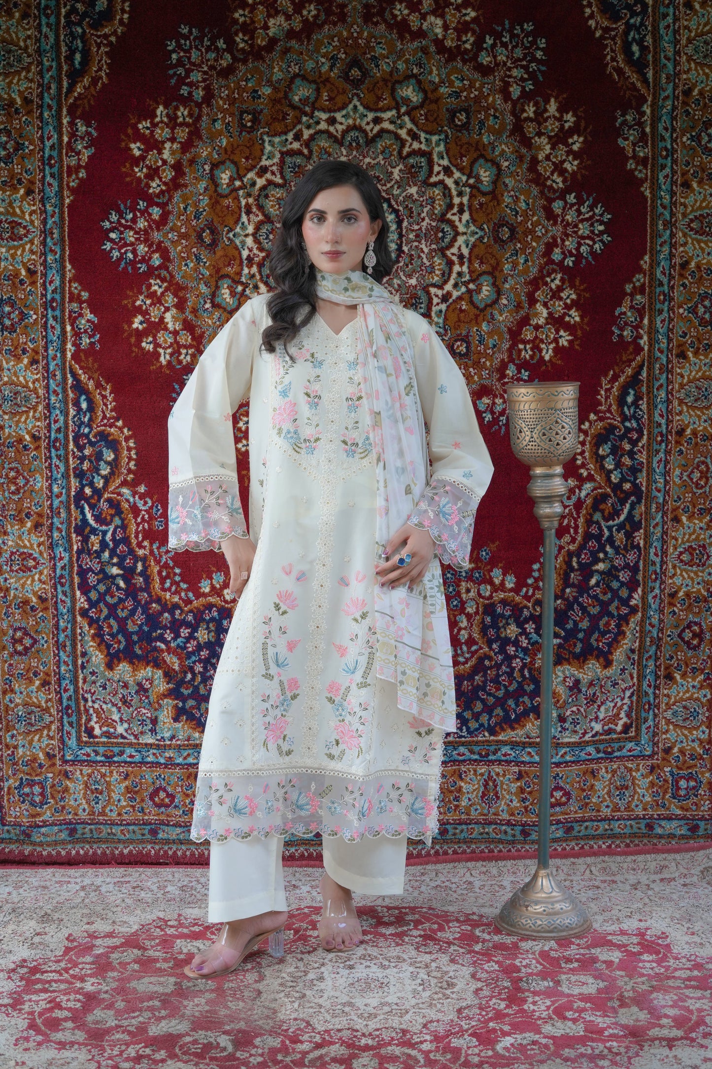 Ivory Cream Thread Work 3pc Suit with Printed Chiffon Dupatta