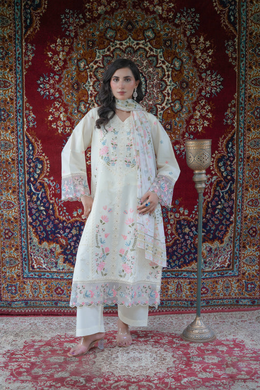 Ivory Cream Thread Work 3pc Suit with Printed Chiffon Dupatta
