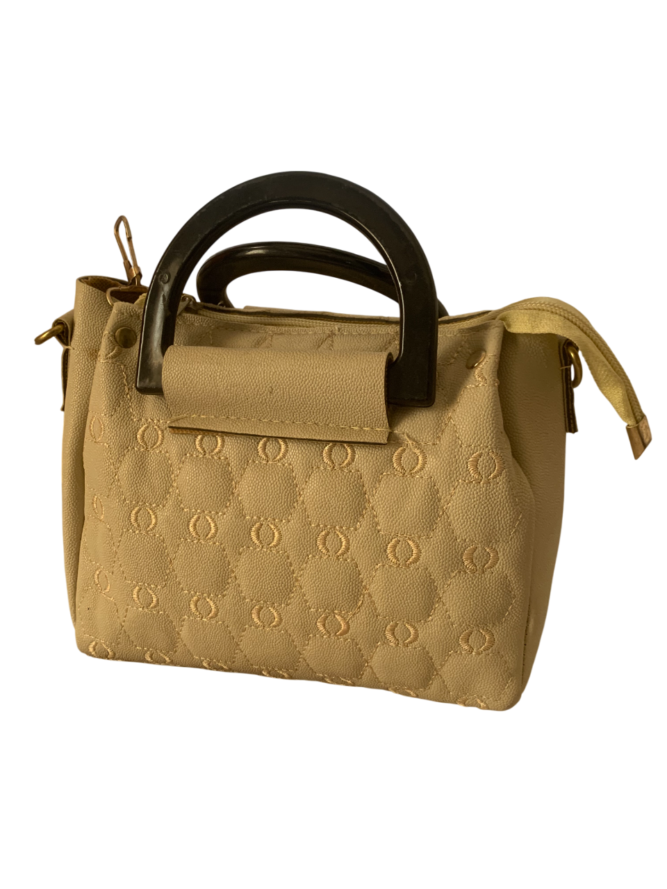 Chic Beige Handbag with Black Handle - Elegant & Trendy