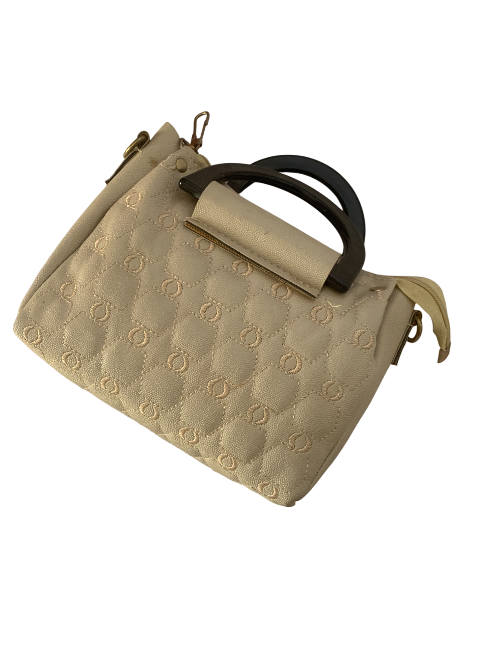 Chic Beige Handbag with Black Handle - Elegant & Trendy