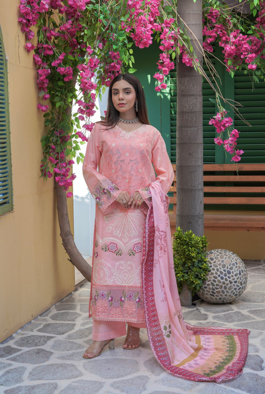 Peach Embroidered 3-Piece Suit with Printed Chiffon Dupatta