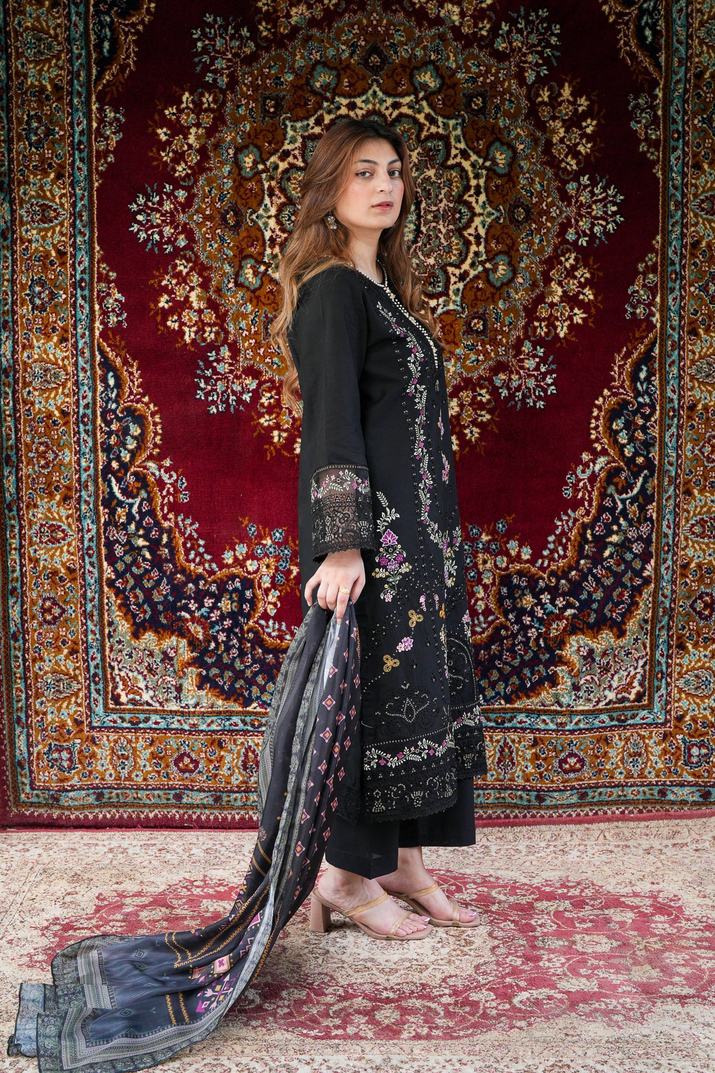 3 Piece Embroidered Lawn Suit with Printed Silk Chiffon Dupatta