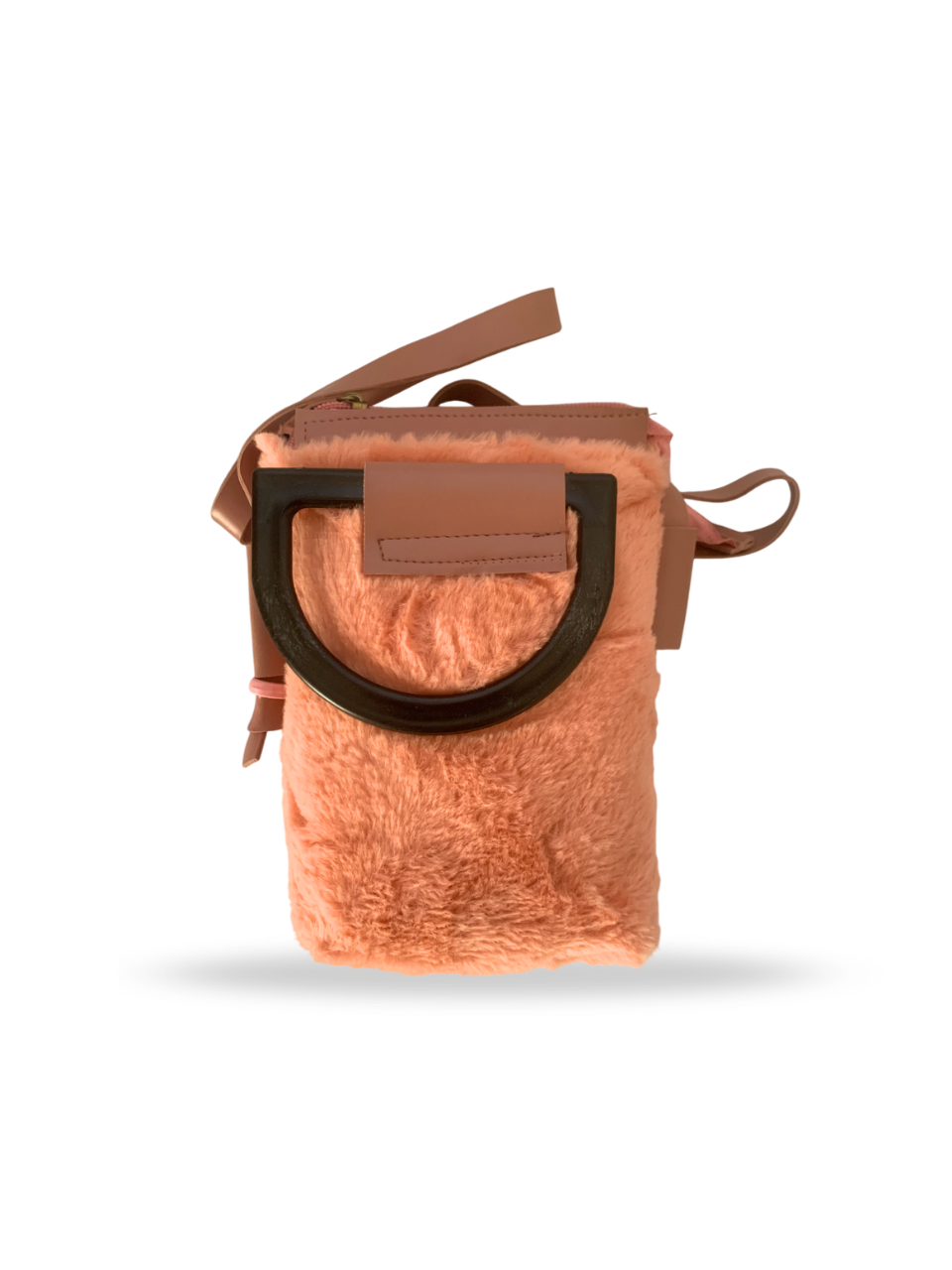 Trendy Blush Pink Faux Fur Handbag with Wooden Handle