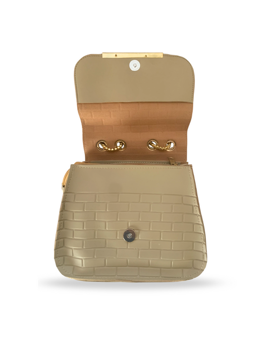 Elegant Beige Embossed Shoulder Bag with Gold Chain