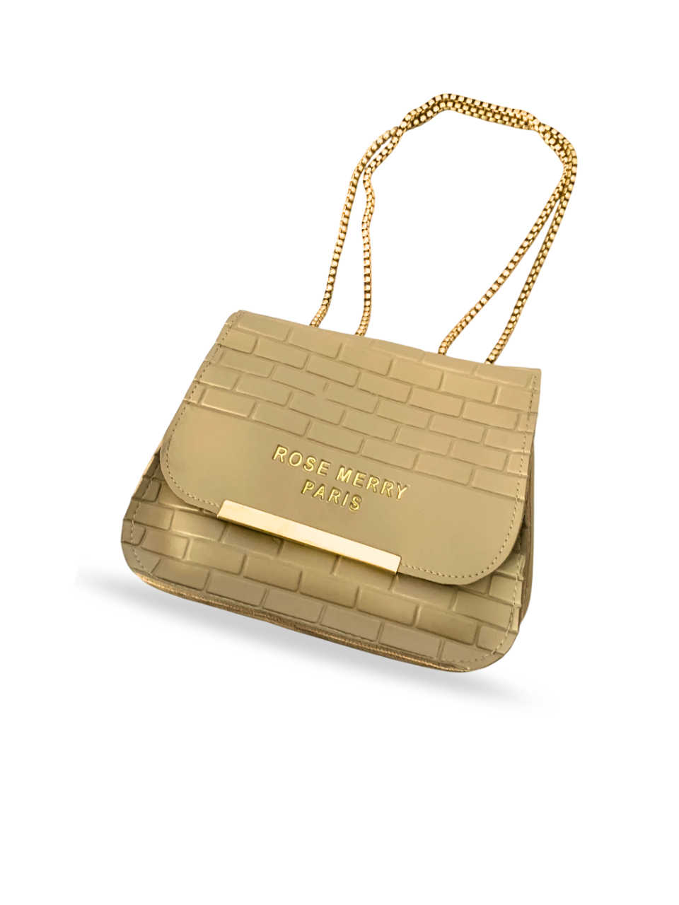 Elegant Beige Embossed Shoulder Bag with Gold Chain