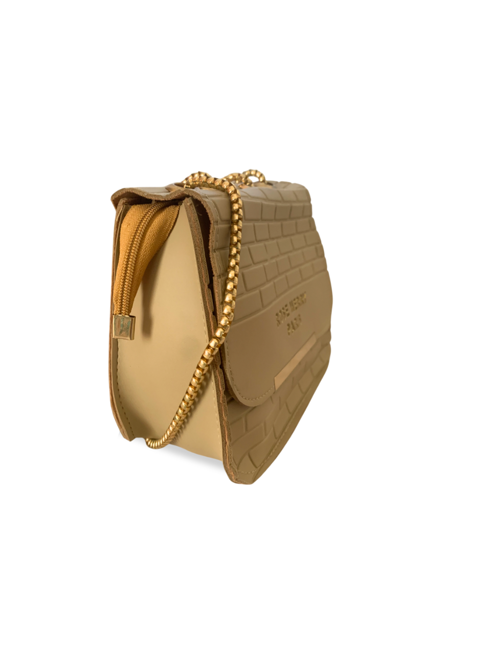 Elegant Beige Embossed Shoulder Bag with Gold Chain