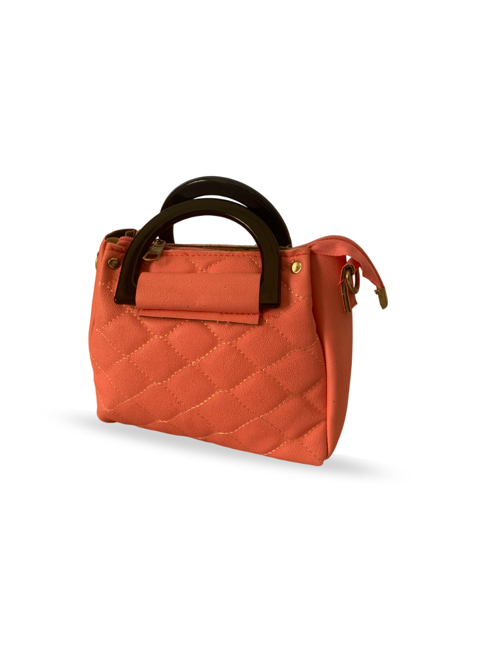 Chic Coral Quilted Handbag with Wooden Handle