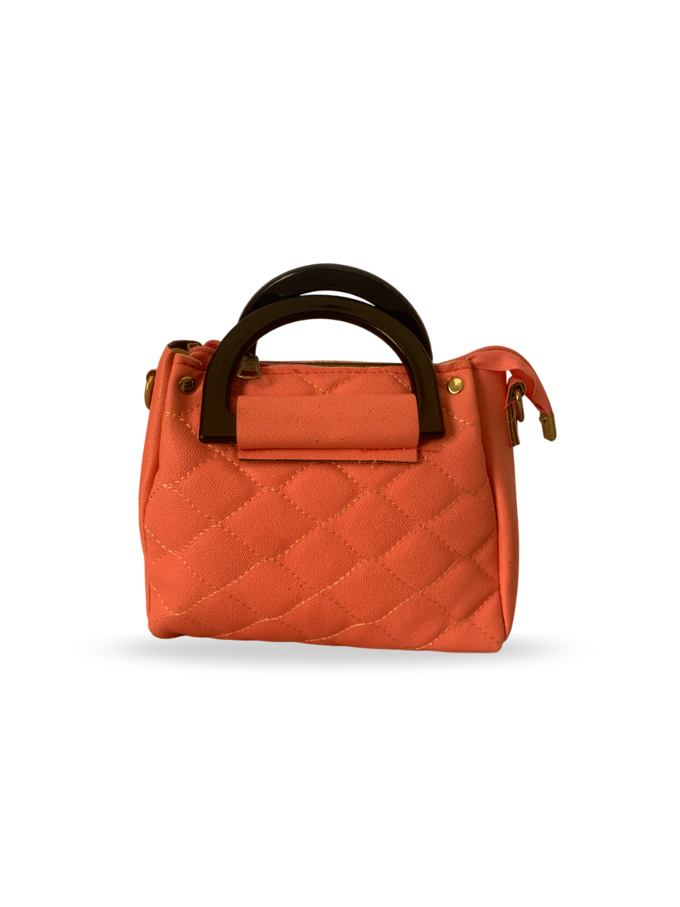 Chic Coral Quilted Handbag with Wooden Handle