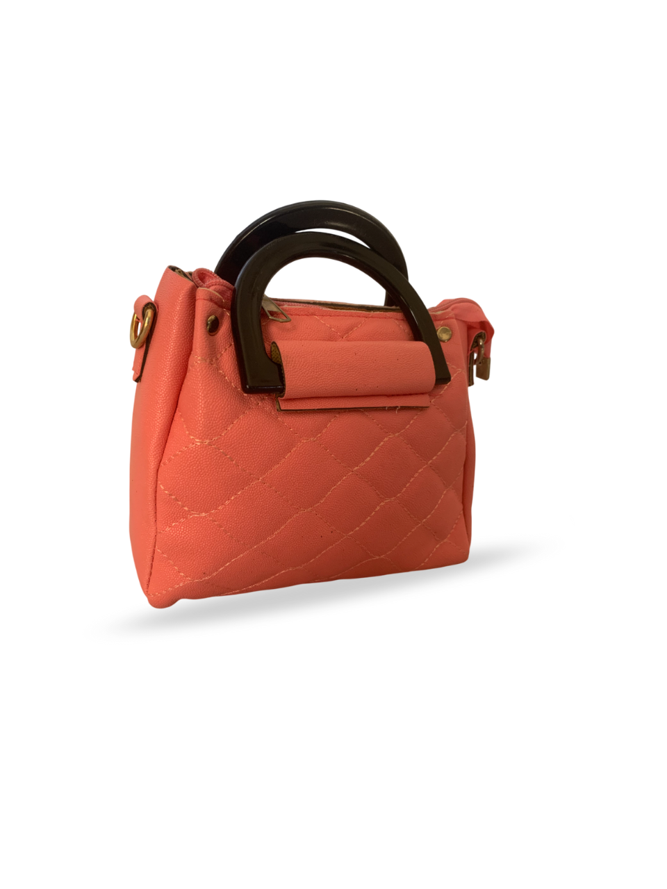 Chic Coral Quilted Handbag with Wooden Handle