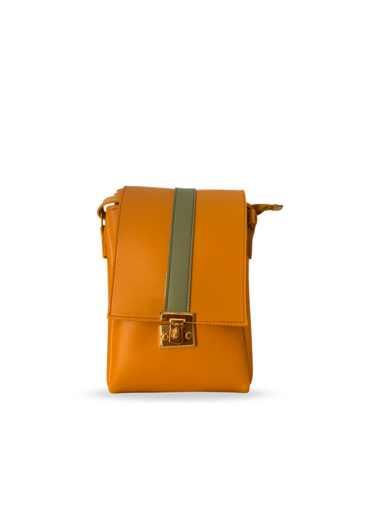 Mustard & Olive Green Leather Shoulder Bag with Gold Lock