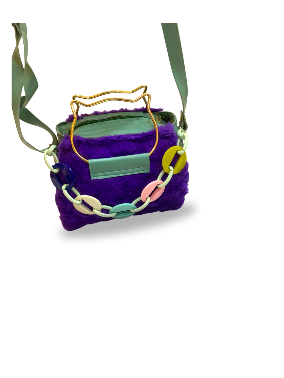 Purple Faux Fur Handbag with Pastel Chain Detail