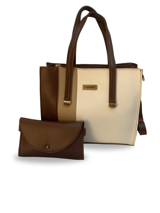 Elegant Tri-Tone Chocolate, light brown & Beige Leather Handbag