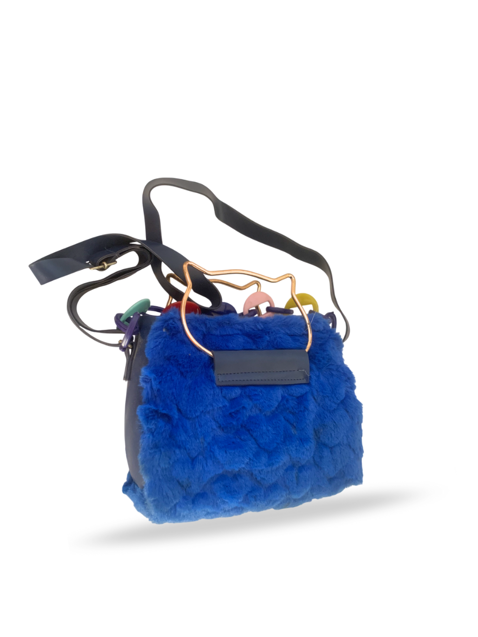 Chic Blue Faux Fur Handbag with Artistic Metal Handles