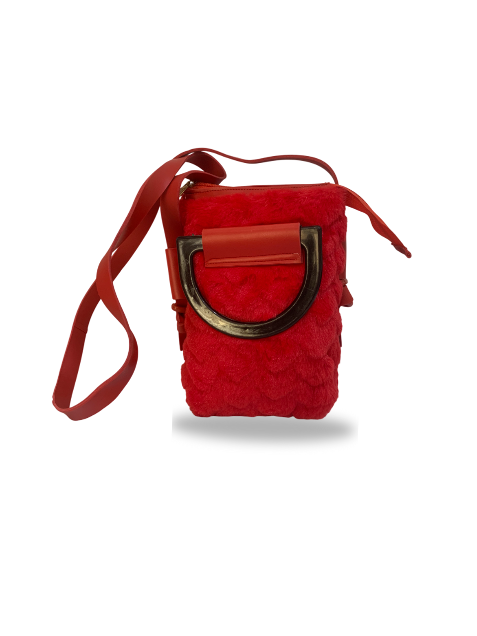 Red Faux Fur Handbag with Chain Detail