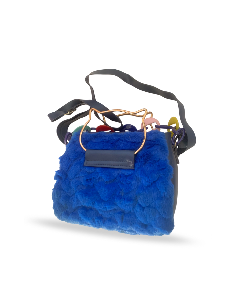 Chic Blue Faux Fur Handbag with Artistic Metal Handles