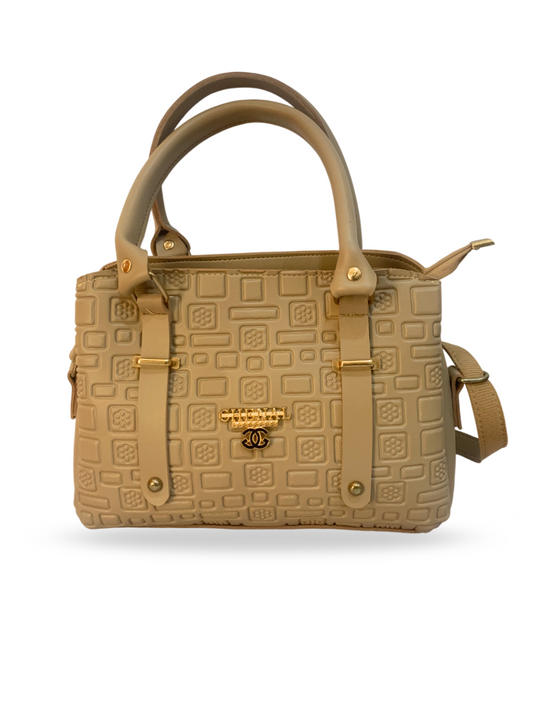 Classic Beige Textured Handbag with Gold Detailing