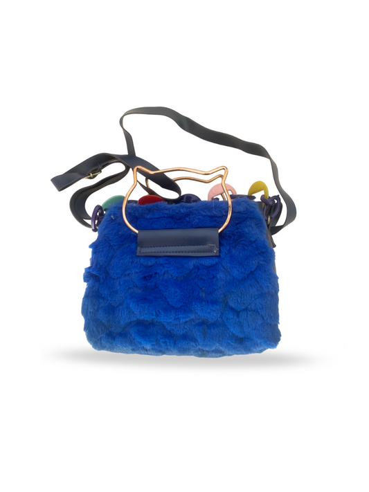 Chic Blue Faux Fur Handbag with Artistic Metal Handles