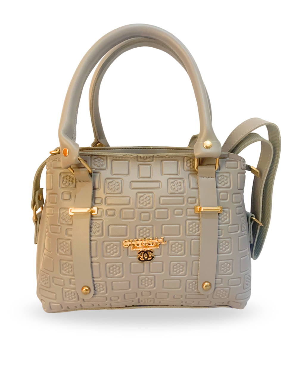 Gray Embossed Handbag with Gold Accents