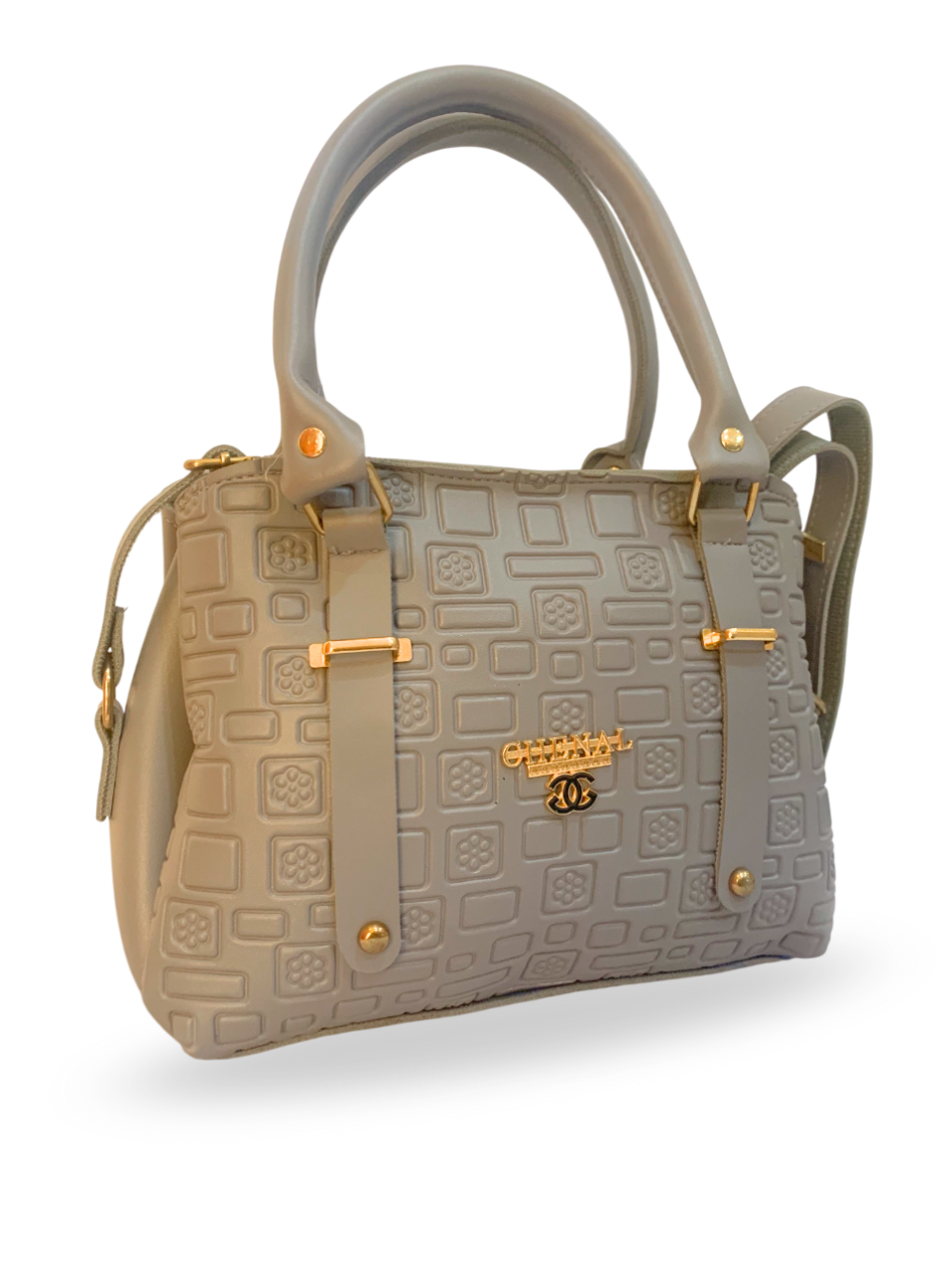 Gray Embossed Handbag with Gold Accents