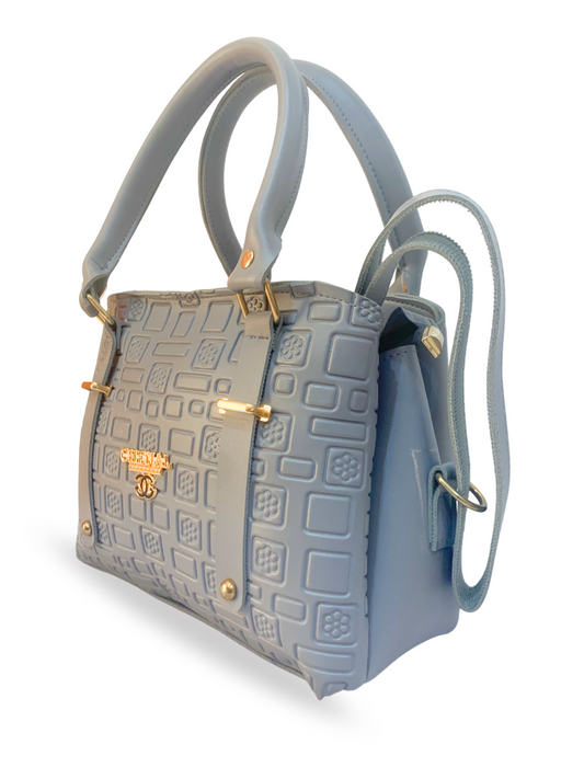 Gray Embossed Handbag with Gold Accents