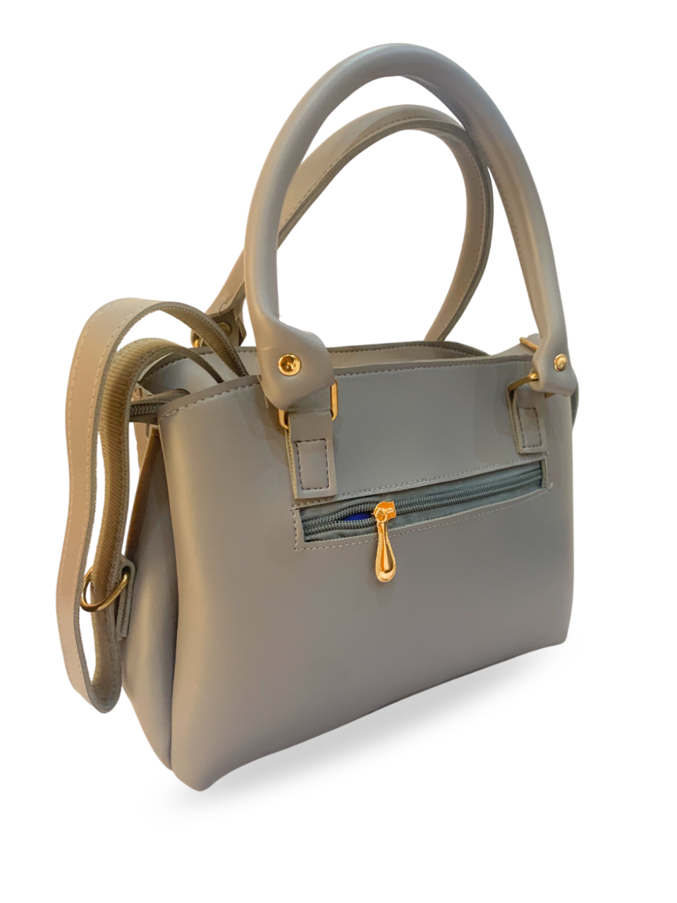 Gray Embossed Handbag with Gold Accents