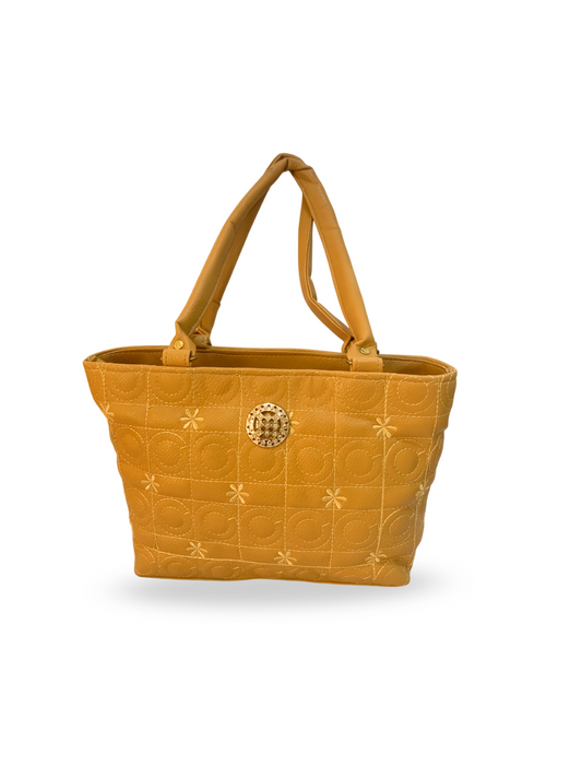 Quilted Mustard Tote Bag with Gold Accent