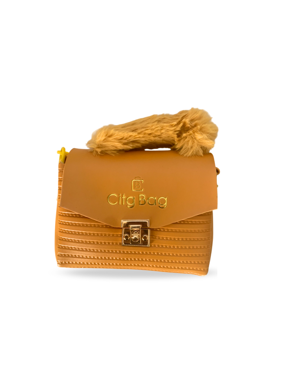 Trendy Mustard Faux Fur Handle Handbag with Gold Lock