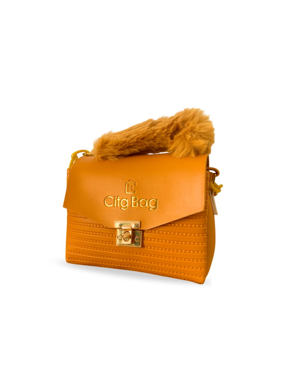 Trendy Mustard Faux Fur Handle Handbag with Gold Lock