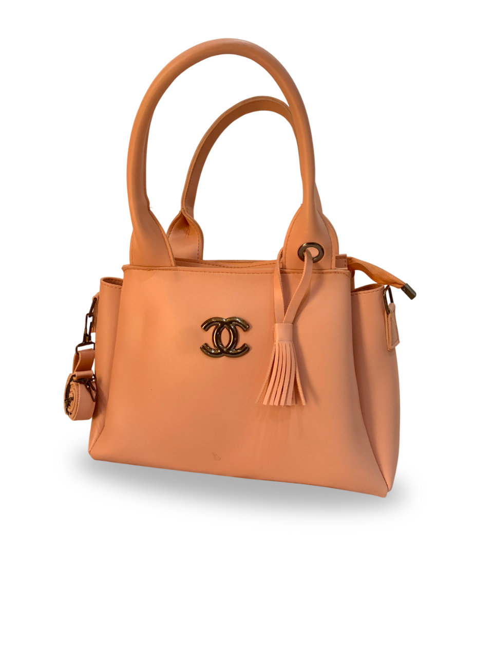 Chic Peach Handbag with Elegant Logo Accent