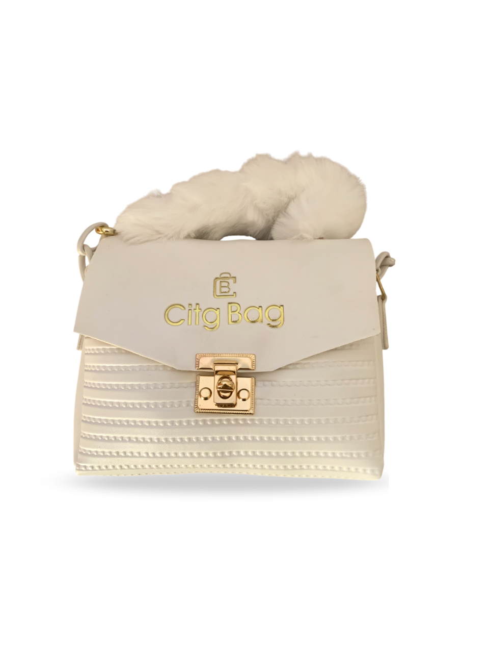 Elegant White Faux Fur Handle Handbag with Gold Lock