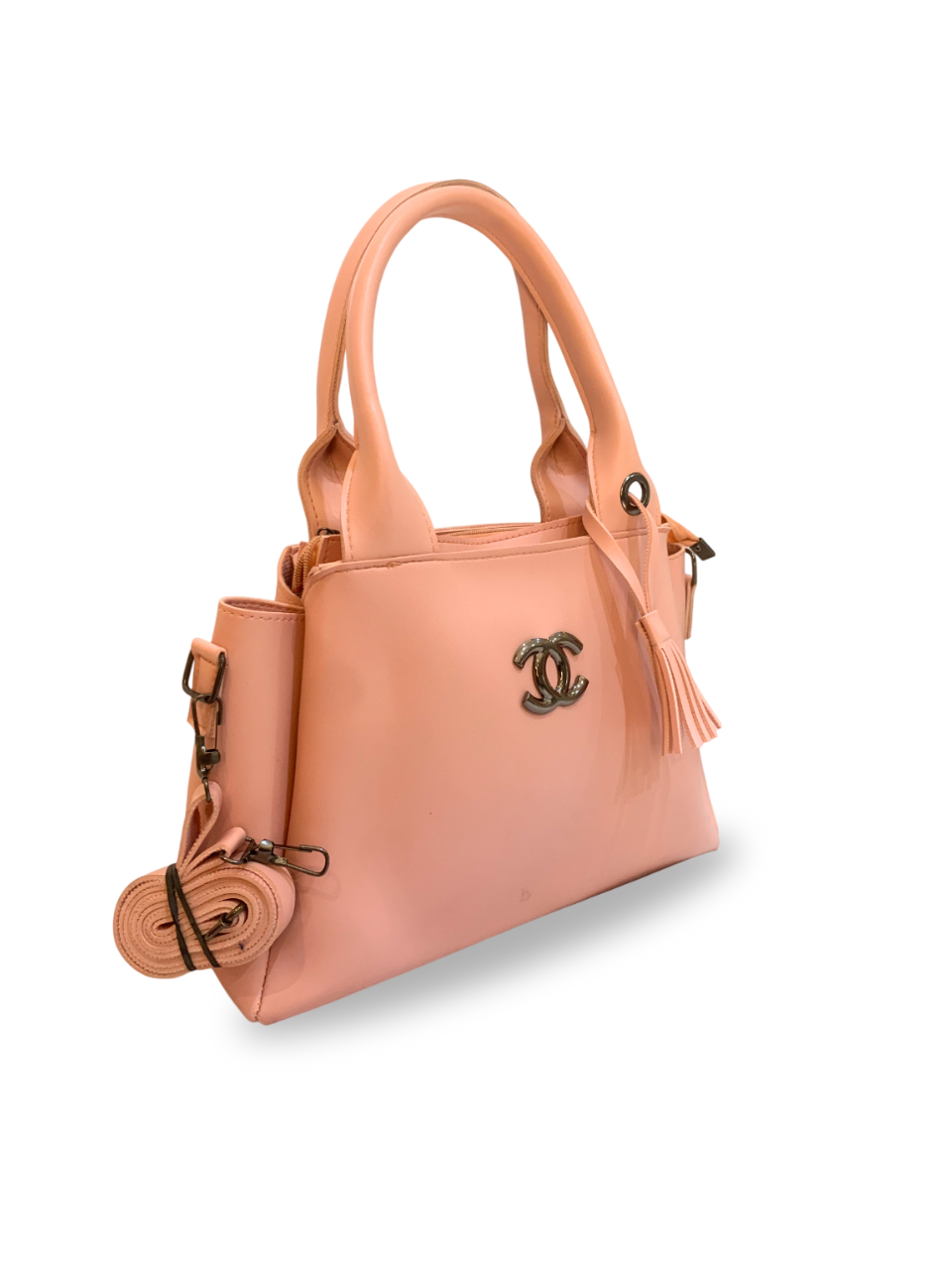 Chic Peach Handbag with Elegant Logo Accent