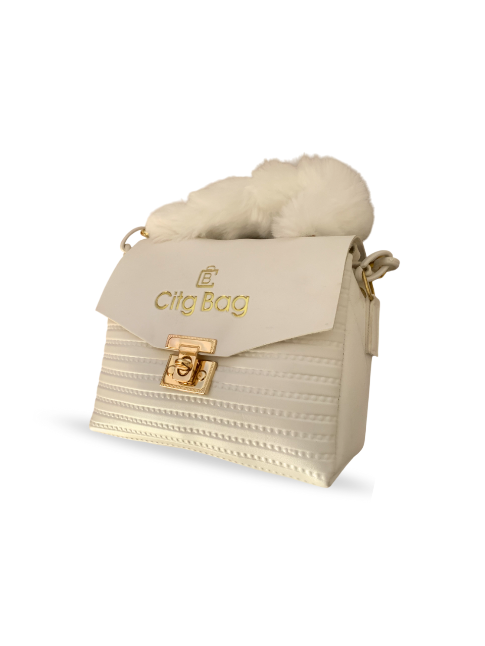 Elegant White Faux Fur Handle Handbag with Gold Lock