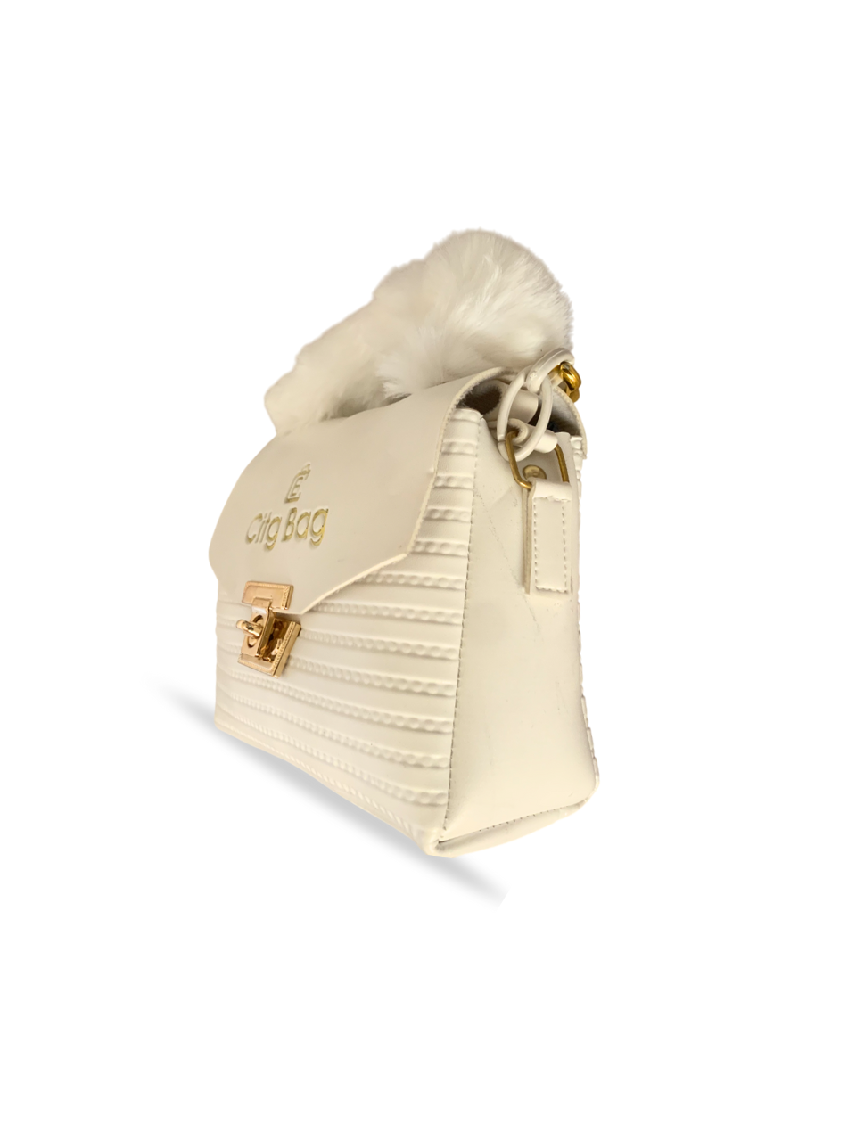 Elegant White Faux Fur Handle Handbag with Gold Lock