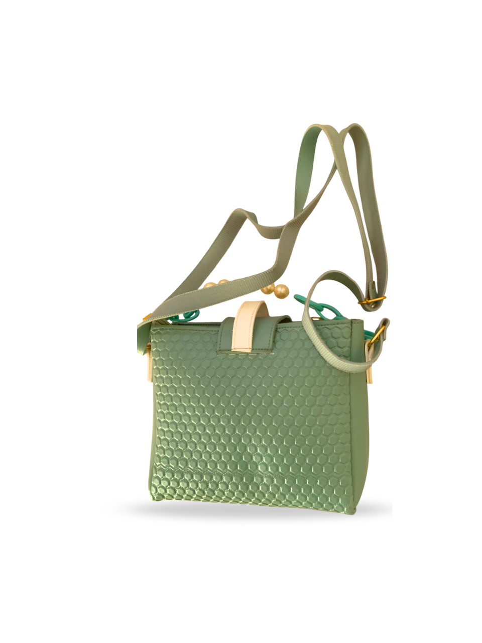 Chic Green Honeycomb Textured Crossbody Bag with Pearl Handle