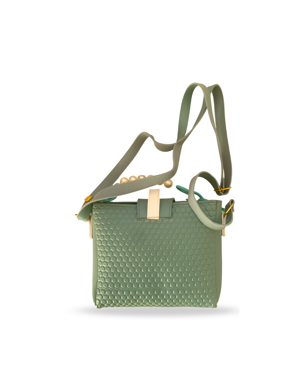 Chic Green Honeycomb Textured Crossbody Bag with Pearl Handle