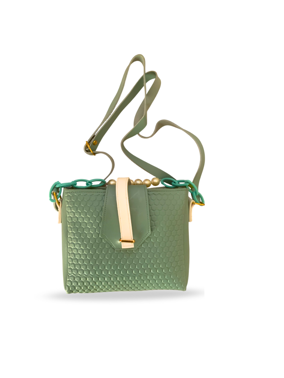 Chic Green Honeycomb Textured Crossbody Bag with Pearl Handle