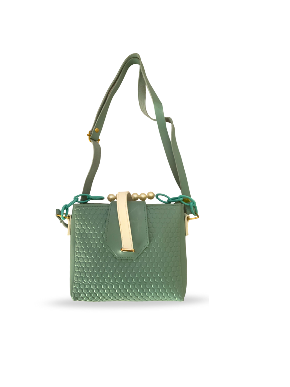 Chic Green Honeycomb Textured Crossbody Bag with Pearl Handle