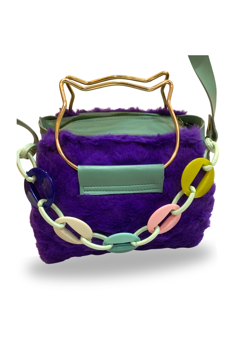 Purple Faux Fur Handbag with Pastel Chain Detail