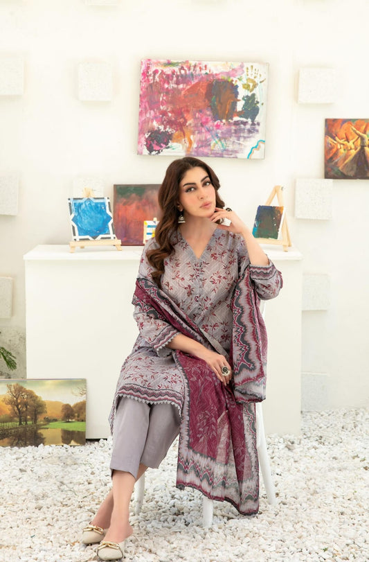 Anaya | Dove Grey 3-Piece Printed Lawn Suit with Lawn Dupatta