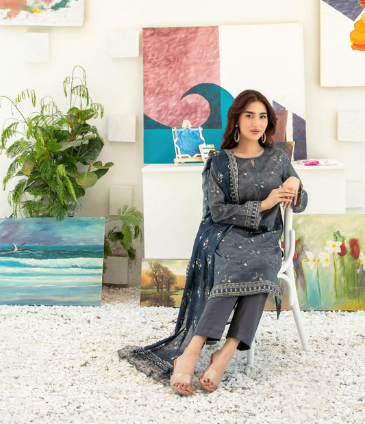 Anaya | Charcoal Grey 3-Piece Printed Lawn Suit with Lawn Dupatta