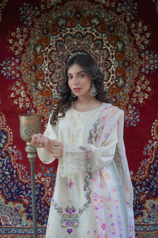 3 Piece Embroidered Lawn Suit with Printed Silk Chiffon Dupatta